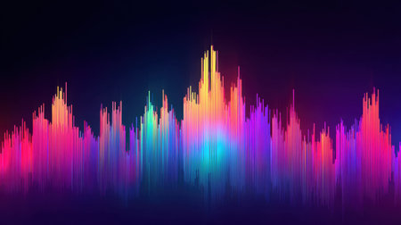 This vibrant sound wave illustration captures dynamic music frequencies with a colorful gradient on a dark background, perfect for creative projects and digital art.の素材