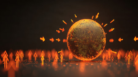 This striking digital artwork features an orange globe at the center, surrounded by arrows pointing upward, symbolizing growth and advancement in a modern technological landscape.の素材
