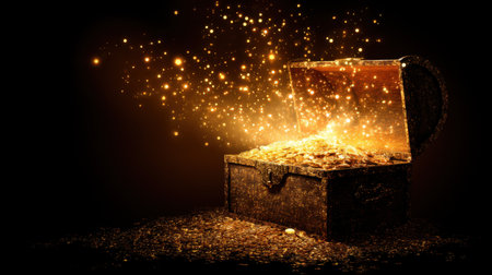 A mesmerizing treasure chest brimming with sparkling gold coins illuminates the dark surroundings, creating a magical atmosphere filled with wonder and adventure.の素材