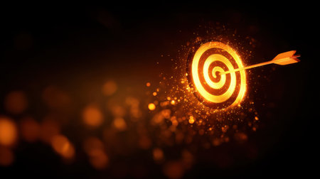 A glowing target with an arrow piercing it, surrounded by sparkling effects, symbolizes focus and motivation for achieving goals in business and personal life.の素材
