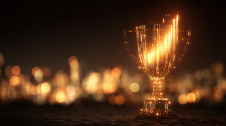 A stunning glowing trophy stands prominently, representing achievement and success. The blurred city lights create a captivating atmospheric backdrop, perfect for awards and celebrations.の素材