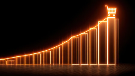 This digital illustration showcases a glowing chart depicting growth, featuring a shopping cart symbol that emphasizes the rise of e-commerce in modern business.の素材