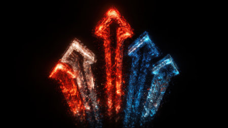 An artistic abstract image showcasing glowing arrows in vibrant red, white, and blue hues, symbolizing direction and progress in a modern digital landscape.の素材