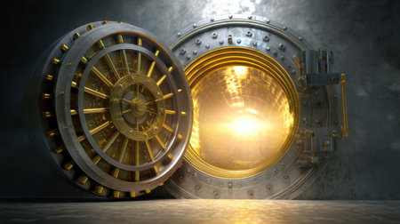 A stunning image of an open vault door, revealing a warm golden light inside, representing security and wealth in a modern banking environment.の素材