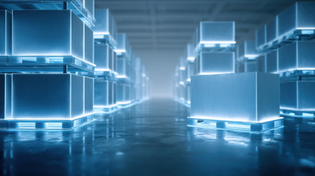 This image presents a futuristic warehouse setting filled with glowing metal pallets, showcasing advanced storage solutions for efficient logistics and supply chain management.の素材
