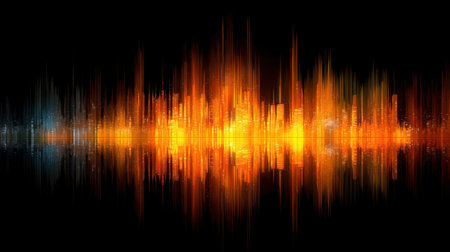 This stunning digital artwork features vibrant sound waves in fiery colors against a dark background, symbolizing energy and creativity in a modern artistic style.の素材