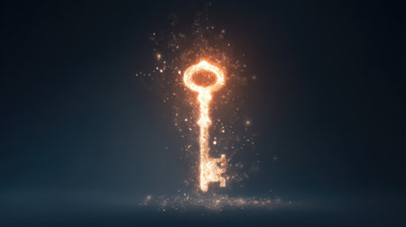 A sparkling key floats in dark space, radiating glowing particles that symbolize access and opportunity. This imaginative artwork embodies magic and creativity.の素材