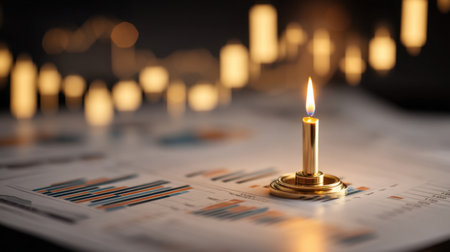 A beautifully lit candle casts a warm glow over detailed financial reports and charts, creating an inviting atmosphere for business analysis and strategic planning.の素材