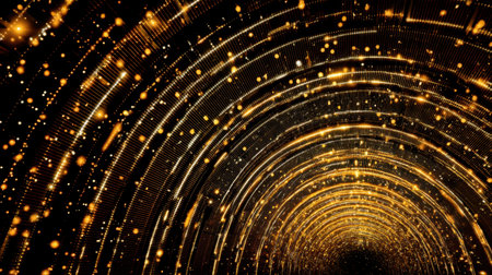 Explore a mesmerizing visual of swirling golden lights forming a tunnel effect, filled with sparkling particles, perfect for dynamic and modern abstract designs.の素材