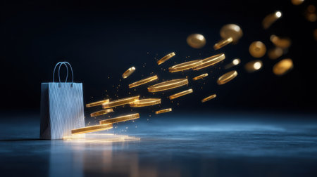 A captivating digital image featuring a shopping bag with golden coins flowing out, symbolizing the intersection of e-commerce and financial growth.の素材