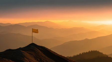 Experience a breathtaking sunset view over misty mountains, featuring a single flag atop a peak. This tranquil landscape captures the essence of nature's beauty at dusk.の素材