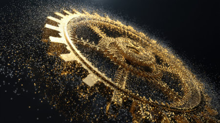 A stunning golden gear design surrounded by luminous particles, creating a captivating effect. Perfect for illustrating themes of technology and innovation in a modern context.の素材