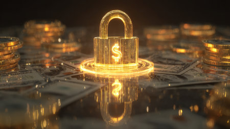 An enchanting golden padlock stands out amid a collection of dollar bills and coins, reflecting the concept of financial security and investment protection in a vibrant manner.の素材