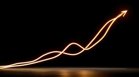 This striking image captures dynamic light trails rising in a dark background, symbolizing growth and success. It conveys themes of business innovation and motivation.の素材