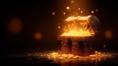 A mystical treasure chest overflows with shining gold coins, radiating an enchanting glow. Magical lights illuminate the dark background, evoking a sense of wealth and adventure.の素材