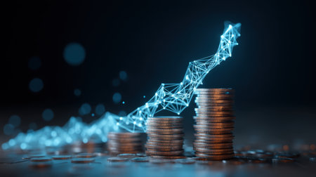 A captivating visual representing financial growth through stacked coins and digital elements, showcasing the relationship between investment and economic performance.の素材