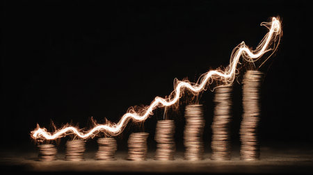 This image represents the concept of financial growth with stacked coins and a dynamic light effect. It visually illustrates rising investment values and increasing profits.の素材