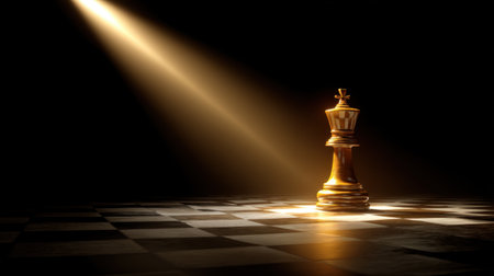 A solitary chess king stands illuminated dramatically, casting long shadows on a checkered board, symbolizing strategy, intellect, and the essence of competition.の素材