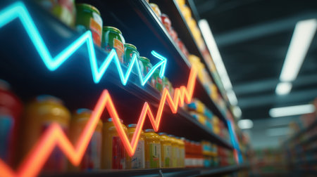 Vibrant grocery store shelves filled with jars display a colorful arrangement, accompanied by a glowing trend graph indicating positive sales growth in retail settings.の素材