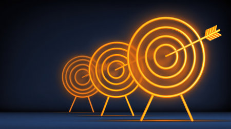 This image features dazzling targets with arrows striking each bullseye, symbolizing achievement and success in various endeavors, perfect for business and motivational themes.の素材