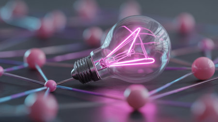 A captivating neon light bulb rests amid geometric shapes and lines, showcasing a blend of modern design and vibrant color. Perfect for creative projects.の素材