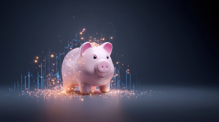 A whimsical piggy bank surrounded by bright sparkles and glowing lights symbolizes savings and financial growth, ideal for concepts related to money management.の素材