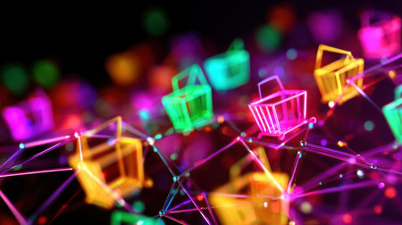 A vibrant and abstract representation of shopping basket icons illuminated in neon colors, showcasing the connection between technology and online commerce in a creative design.の素材