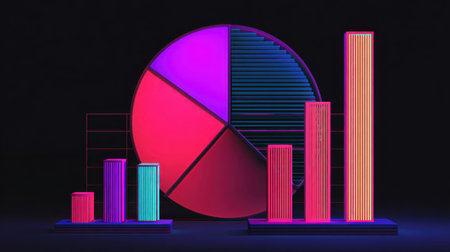 Stunning neon data visualization featuring a pie chart and bar graph on a dark background. Ideal for presentations or practical applications in business analysis and marketing.の素材