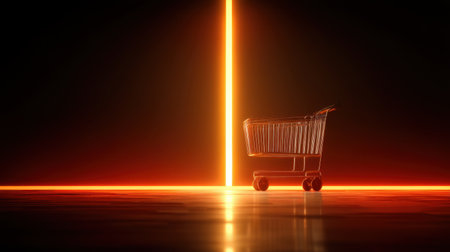 A striking visual of an empty shopping cart set against a dark backdrop illuminated by a vivid neon light, emphasizing themes of consumerism and modern retail experiences.の素材