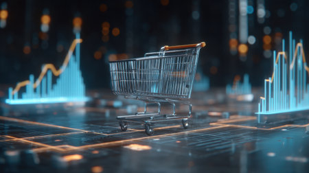 A sleek shopping cart positioned on a high-tech digital background representing market trends, showcasing the intersection of retail and technology in contemporary commerce.の素材