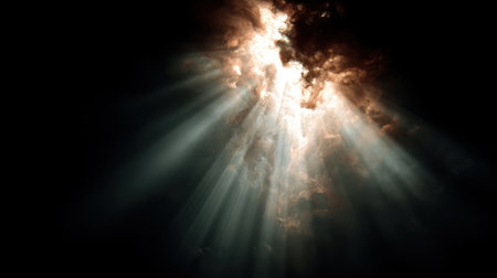 Experience a breathtaking scene where light rays pierce through dark clouds, creating a captivating and serene atmosphere that evokes a sense of wonder.の素材