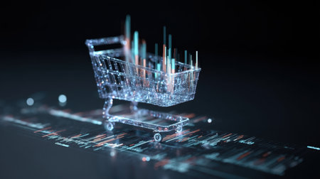 This digital artwork depicts a futuristic shopping cart combined with data analytics elements, representing the intersection of e-commerce and data-driven decision-making.の素材