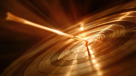 A golden dart strikes the center of a concentric circle pattern, symbolizing precision and achievement with luminous highlights and vibrant energy, ideal for motivational themes.の素材