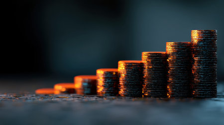 A visually striking image of stacked coins illustrates financial growth with vibrant lighting against a dark backdrop, perfect for themes of investment and savings.の素材