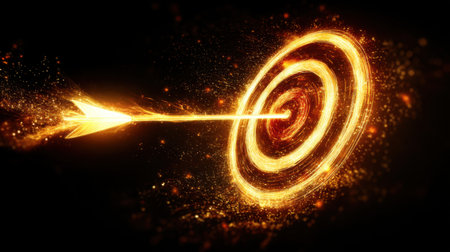 A stunning visual of a glowing golden arrow striking a target, surrounded by vibrant sparks and light trails, creating an impactful scene of focus and achievement.の素材