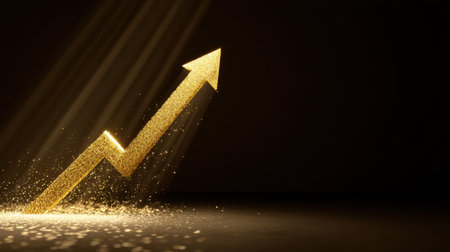 A striking golden arrow rises against a dark background, symbolizing growth and success. Sparkles enhance the visual appeal, representing opportunity in finance and business.の素材