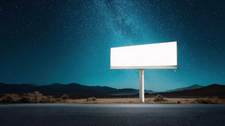 Stunning night scene featuring a blank billboard under a star-filled sky with distant mountains. Perfect for advertising concepts or showcasing minimalism.の素材