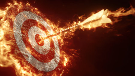 A striking image of a flaming arrow piercing a target, symbolizing achievement and motivation. This visually captivating scene embodies energy, determination, and goal accomplishment.の素材