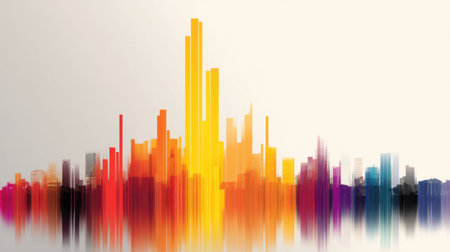 This abstract image showcases a vibrant city skyline with colorful bars representing urban structures in gradient shades. Perfect for modern design themes.の素材