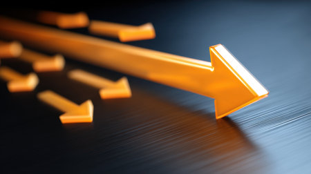A captivating image featuring bright orange arrows on a sleek metallic background, symbolizing direction and progress in various business and creative contexts.の素材