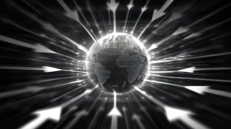 A stunning abstract illustration showcasing a glowing Earth at the center, surrounded by dynamic arrows, symbolizing growth and connectivity in a digital age.の素材