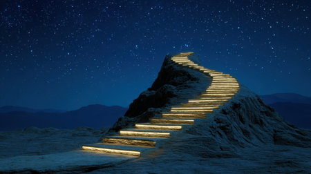 A captivating image of a staircase illuminated by soft lights, winding up a rocky mountain under a vast starry night sky, evoking feelings of hope and inspiration.の素材