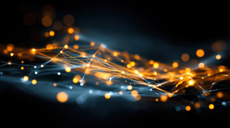 Vibrant abstract image showcasing luminous lines and glowing particles in a blend of orange and blue, symbolizing energy, connectivity, and modern digital concepts.の素材