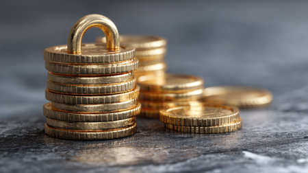 A composition showcasing stacked golden coins alongside a padlock, representing financial security and wealth management against a dark textured background, perfect for finance themes.の素材