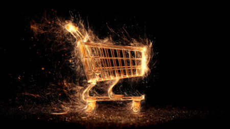 An imaginative representation of a shopping cart surrounded by bursts of light and energy, set against a dark backdrop, symbolizing the excitement of retail and online shopping.の素材