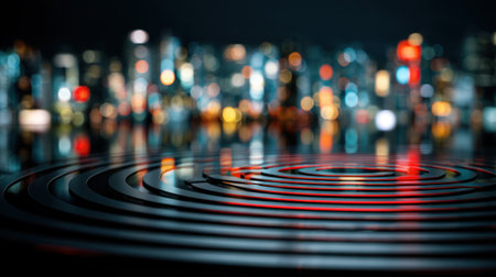 This artistic image captures a mesmerizing ripple effect over a cityscape at night, featuring glowing reflections that create a sense of calm and mystery. Perfect for artistic projects.の素材