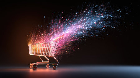 Vibrant shopping cart with colorful sparkles and light trails on a black background, representing digital shopping, creativity, and innovation in e-commerce concepts.の素材
