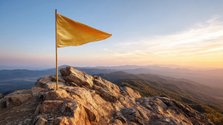 A vibrant yellow flag stands tall on a rocky mountain peak, framing a breathtaking sunset that casts golden hues across a vast landscape of rolling hills and majestic mountains.の素材