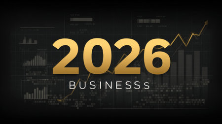 This stock photo showcases a bold representation of business projections for 2026, featuring dynamic graphs and data elements that symbolize market trends and financial insights.の素材