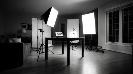 A professional photography setup highlighting the arrangement of lighting equipment around a table in a cozy living room. Ideal for product or portrait photography.の素材
